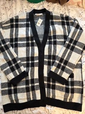 LOFT Black and Cream Plaid Button Cardigan